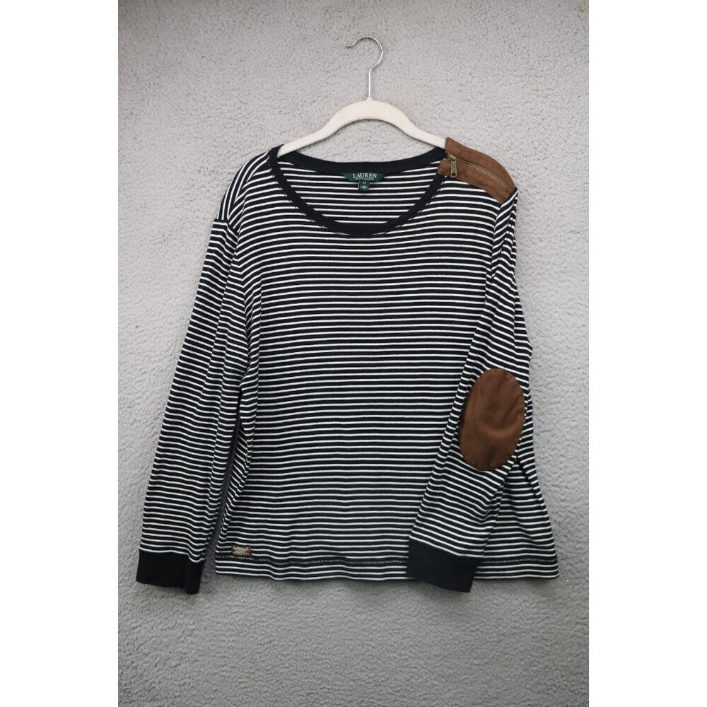 Lauren Ralph Lauren‎ Striped Long Sleeve Top-Size 2X-Zip Shoulder-Elbow Pads